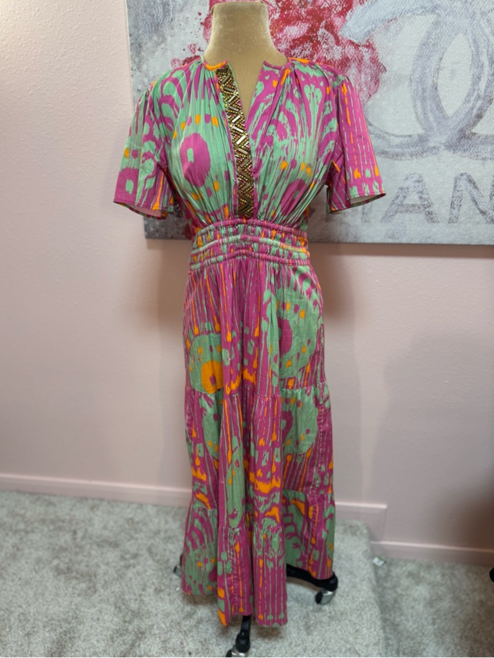 Sheridan French Abstract Pink & Mint Embellished V‑Neck Midi Dress